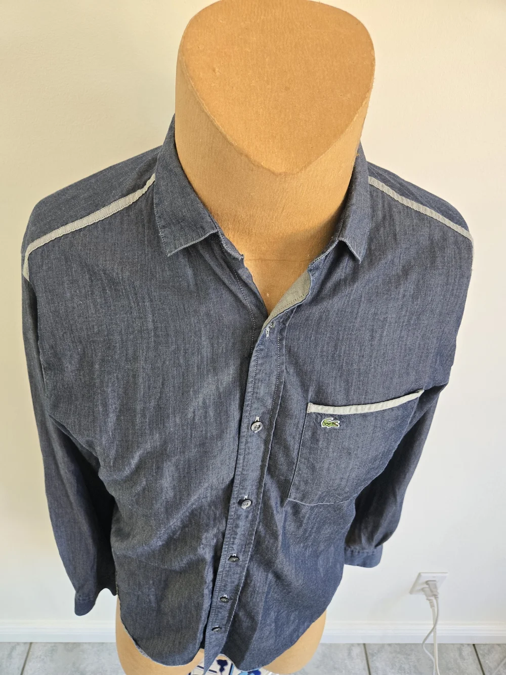 LACOSTE Dark Blue Chambray Button-Up Shirt - Picture 4 of 12